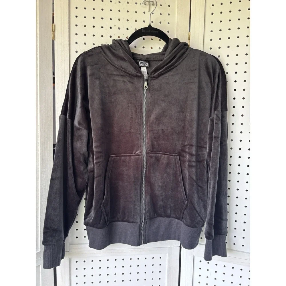 Felina Hooded‎ Zip Up Velour Sweatshirt Women's Size Small Black